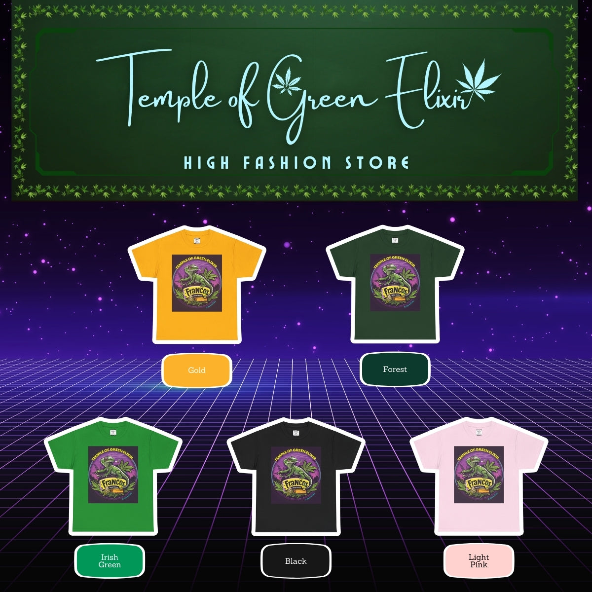 Franco’s Lemon Cheese T-shirt Color chart:
Gelb, Waldgrün, Irischgrün, Schwarz, Hellrosa