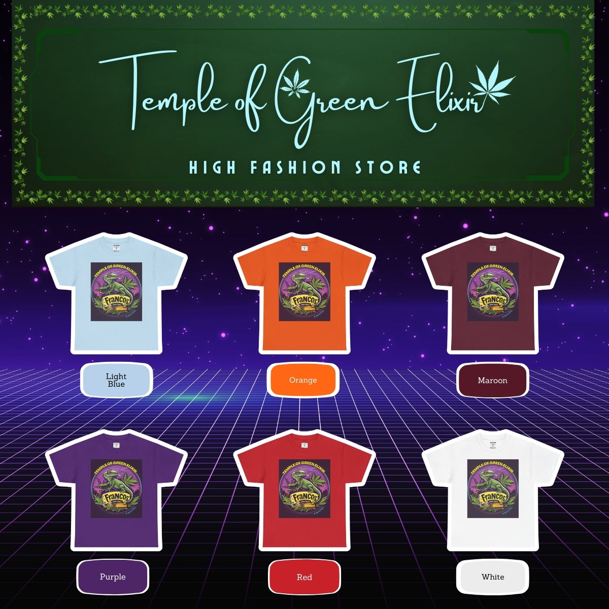 Franco’s Lemon Cheese T-shirt Color chart:
Hellblau, Orange, Kastanienbraun, Lila, Rot, Weiß