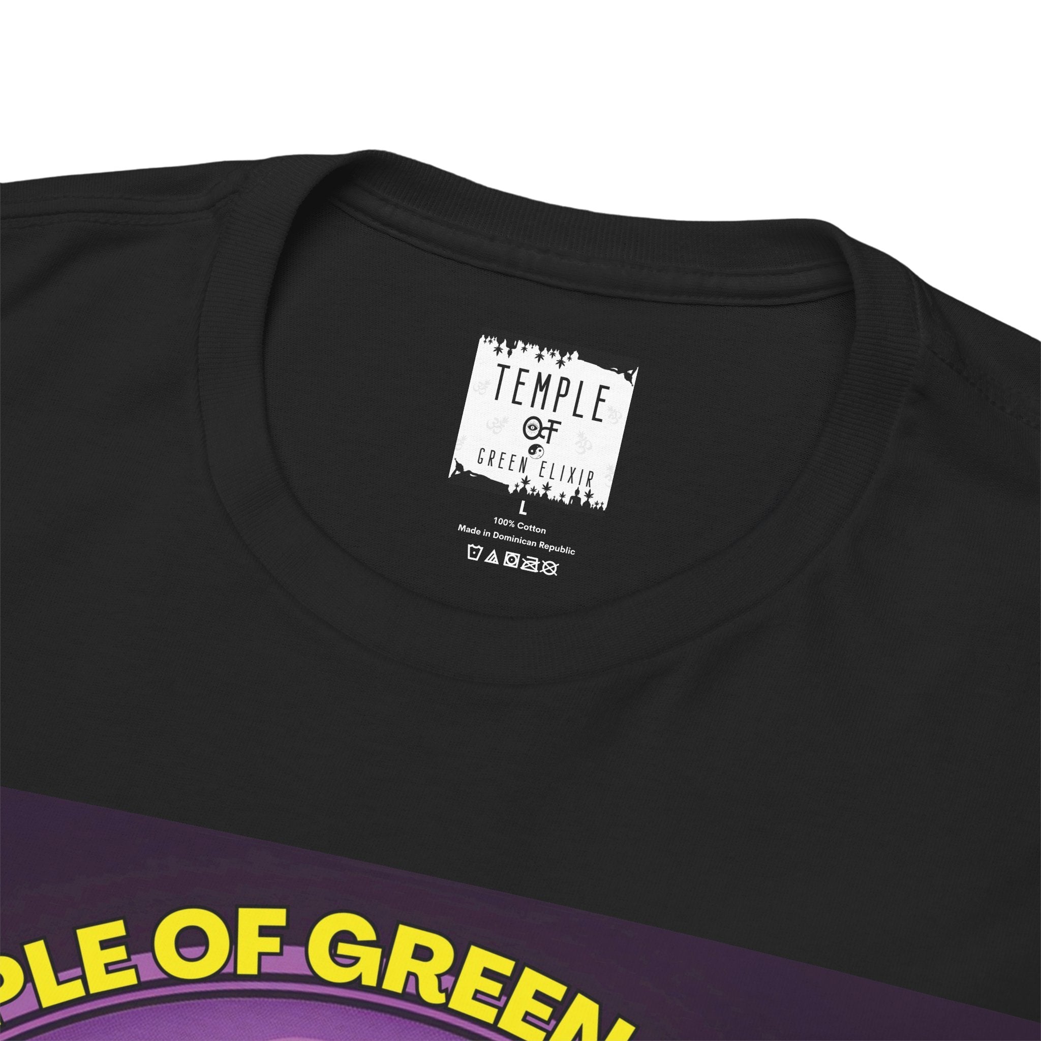 Temple of green Elixir Drucklabel in der innerseite von schwarzem Franco´s Lemon Cheese T-shirt