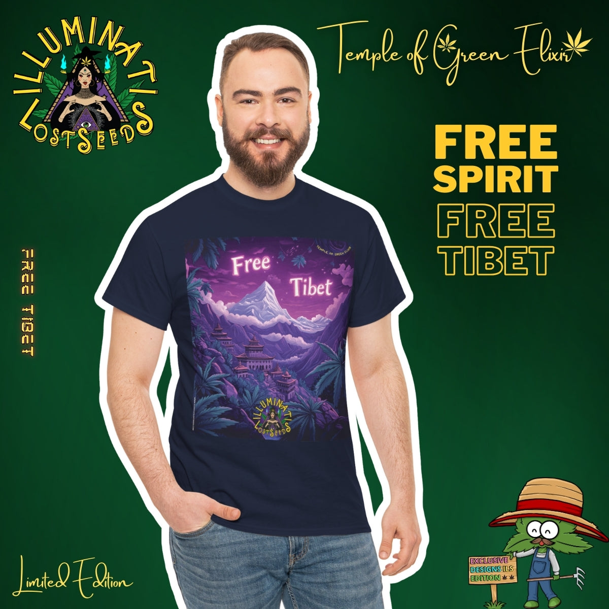Mann mit bart und kurze´Haar trägt ein dunkelblau T-Shirt mit Free Tibet-Motiv, umgeben von Schriftzügen wie ‚Illuminati Lost Seeds‘, ‚Temple of Green Elixir‘, ‚Limited Edition‘ und ‚Free Spirit Free Tibet‘. Auf dem T-shirt steht Landschaft mit schneebedecktem Berg und traditionellen tibetischen Gebäuden, umgeben von großen grünen Cannabis-Pflanzen, vor violettem Himmel. Oben steht der Schriftzug ‚Free Tibet‘.