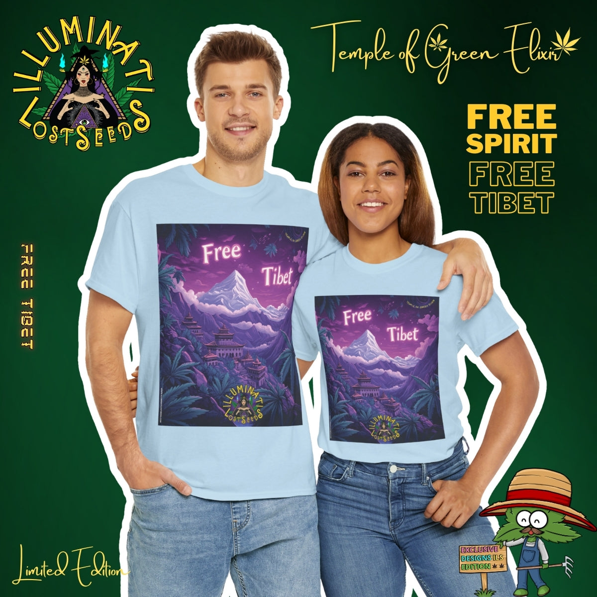 Junges Paar umarmt sich, der Mann steht links, die Frau rechts, beide tragen hellblaue Free Tibet T-Shirts. AUf dem T-shirt Landschaft mit schneebedecktem Berg und traditionellen tibetischen Gebäuden, umgeben von großen grünen Cannabis-Pflanzen, vor violettem Himmel. Oben steht der Schriftzug ‚Free Tibet‘, unten das Illuminati Lost Seeds Logo.