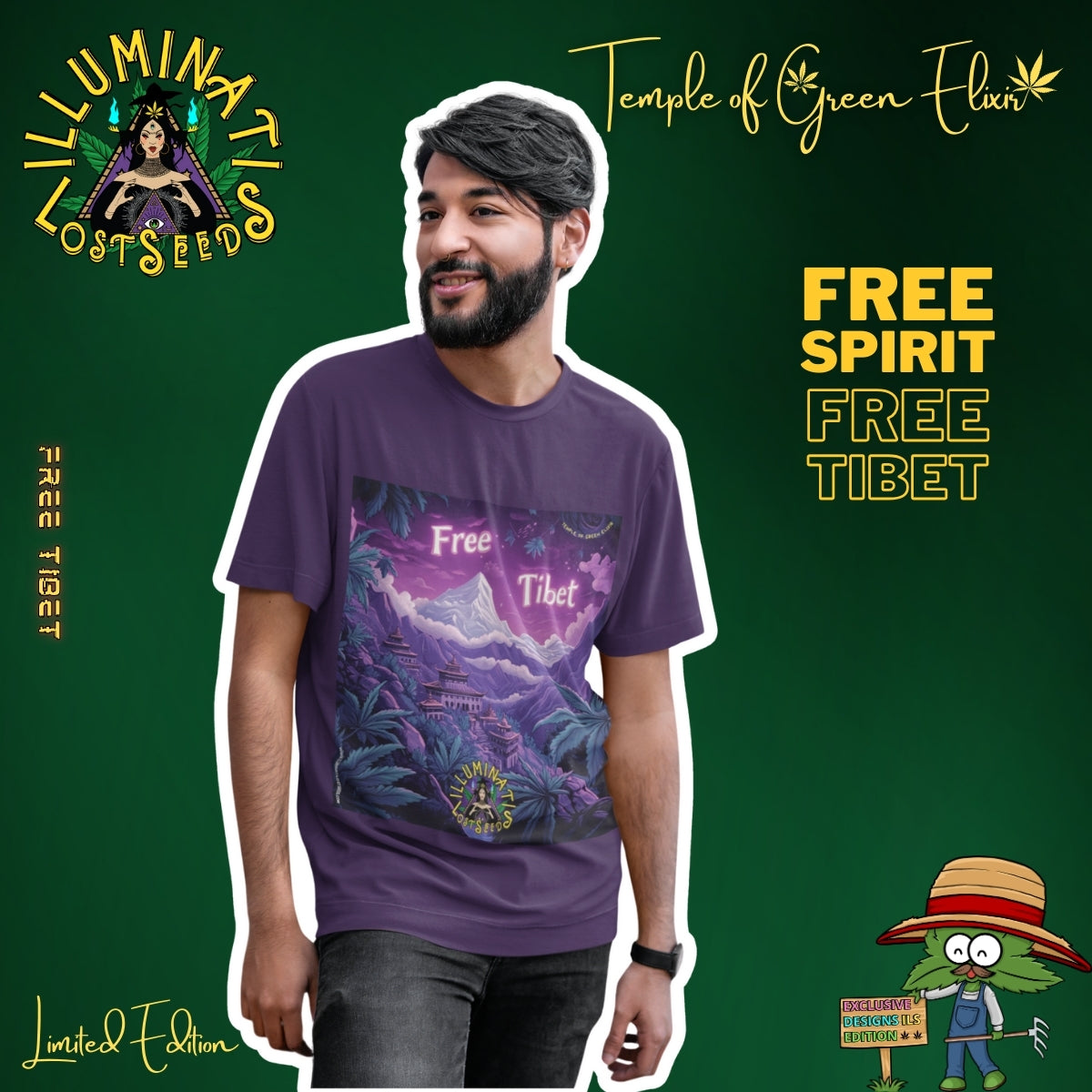 Mann mit bart und dunkles Haar trägt ein lila T-Shirt mit Free Tibet-Motiv, umgeben von Schriftzügen wie ‚Illuminati Lost Seeds‘, ‚Temple of Green Elixir‘, ‚Limited Edition‘ und ‚Free Spirit Free Tibet‘. Auf dem T-shirt steht Landschaft mit schneebedecktem Berg und traditionellen tibetischen Gebäuden, umgeben von großen grünen Cannabis-Pflanzen, vor violettem Himmel. Oben steht der Schriftzug ‚Free Tibet‘.
