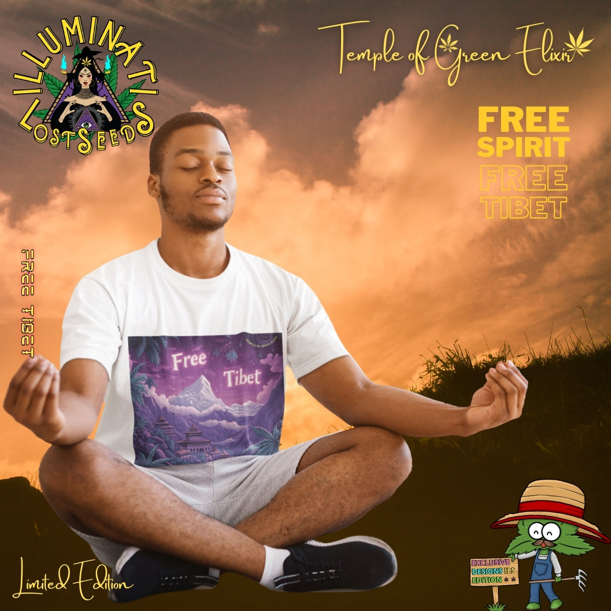 Mann sitzt im Schneidersitz vor Sonnenuntergangshimmel und trägt ein weißes T-Shirt mit Free Tibet-Motiv, umgeben von Schriftzügen wie ‚Illuminati Lost Seeds‘, ‚Temple of Green Elixir‘, ‚Limited Edition‘ und ‚Free Spirit Free Tibet‘. Auf dem Tshirt steht Landschaft mit schneebedecktem Berg und traditionellen tibetischen Gebäuden, umgeben von großen grünen Cannabis-Pflanzen, vor violettem Himmel. Oben steht der Schriftzug ‚Free Tibet‘, unten das Illuminati Lost Seeds Logo.