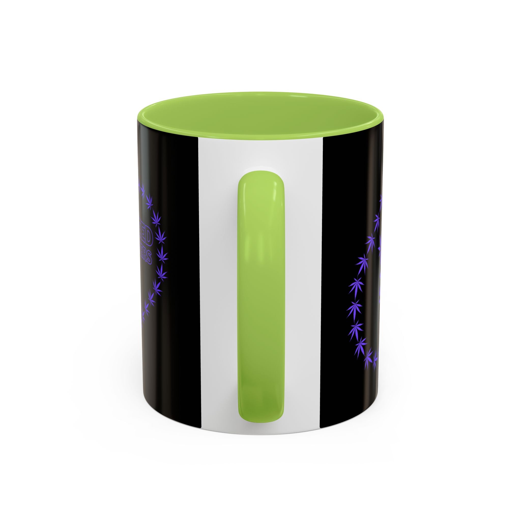 Zweifarbige Soul sucker Tasse, Temple of Green Elixir, bei der der auffällige grüne Henkel und die grüne Innenseite einen frischen, natürlichen Akzent setzen. Das umlaufende Design ist auf beiden Seiten der Tasse sichtbar und zeigt hier die Rückseite des Weed Lovers / Soul Suckler Motiv