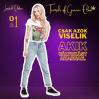 Werbebild für ein limitiertes Damen Weltfrieden T-Shirt von Temple of Green Elixir. Eine junge Frau mit blonden Haaren und zerrissenen Jeans trägt das weiße Weltfrieden T-Shirt mit dem bunten, satirischen Cartoon-Druck. Auf dem lila Hintergrund steht der ungarische Slogan 'Csak azok viselik, akik változást akarnak' (Nur die tragen es, die Veränderung wollen).﻿