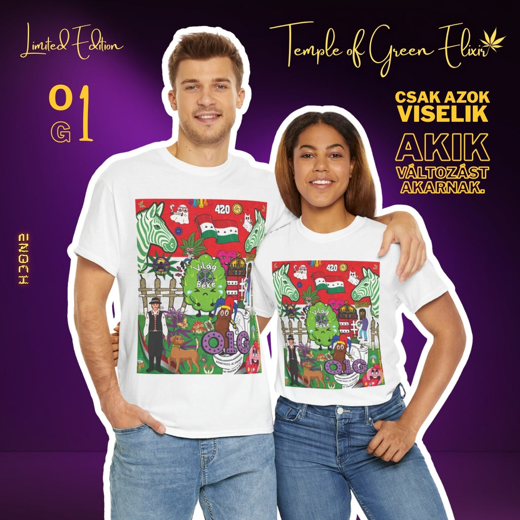 Werbebild für ein limitiertes Weltfrieden T-Shirt von Temple of Green Elixir. Ein lächelndes Paar, Mann und Frau, trägt passende weiße Weltfrieden T-Shirts mit einem bunten, satirischen Cartoon-Druck über Ungarn. Der ungarische Slogan 'Csak azok viselik, akik változást akarnak' (Nur die tragen es, die Veränderung wollen) steht neben dem Paar auf dem lila Hintergrund.﻿