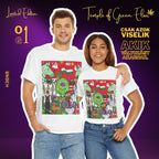 Werbebild für ein limitiertes Weltfrieden T-Shirt von Temple of Green Elixir. Ein lächelndes Paar, Mann und Frau, trägt passende weiße Weltfrieden T-Shirts mit einem bunten, satirischen Cartoon-Druck über Ungarn. Der ungarische Slogan 'Csak azok viselik, akik változást akarnak' (Nur die tragen es, die Veränderung wollen) steht neben dem Paar auf dem lila Hintergrund.﻿