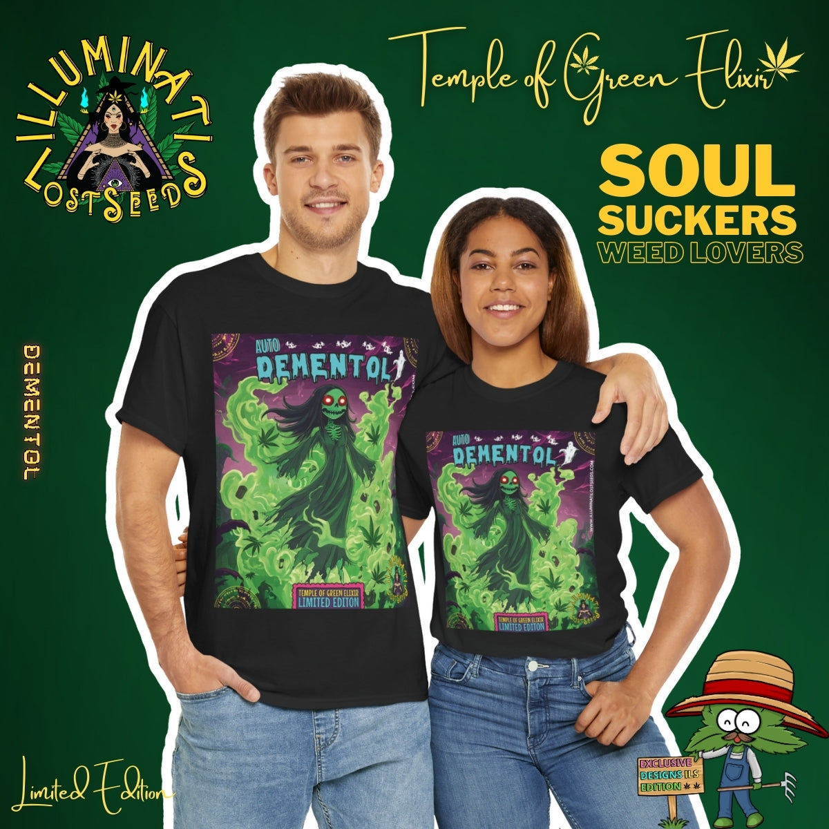 Ein Paar zeigt seine dunkle Seite mit dem  Dementhol T-Shirt im Partnerlook. Ihre selbstbewusste Haltung und das provokante Motto "Soul Suckers Weed Lovers" machen dieses Set zum perfekten Outfit für Paare, die ihren unkonventionellen Stil gemeinsam zelebrieren. Diese limitierte Edition von "Temple of Green Elixir" und "Illuminati Lost Seeds" ist ein Muss für alle, die es lieben, gemeinsam aufzufallen
