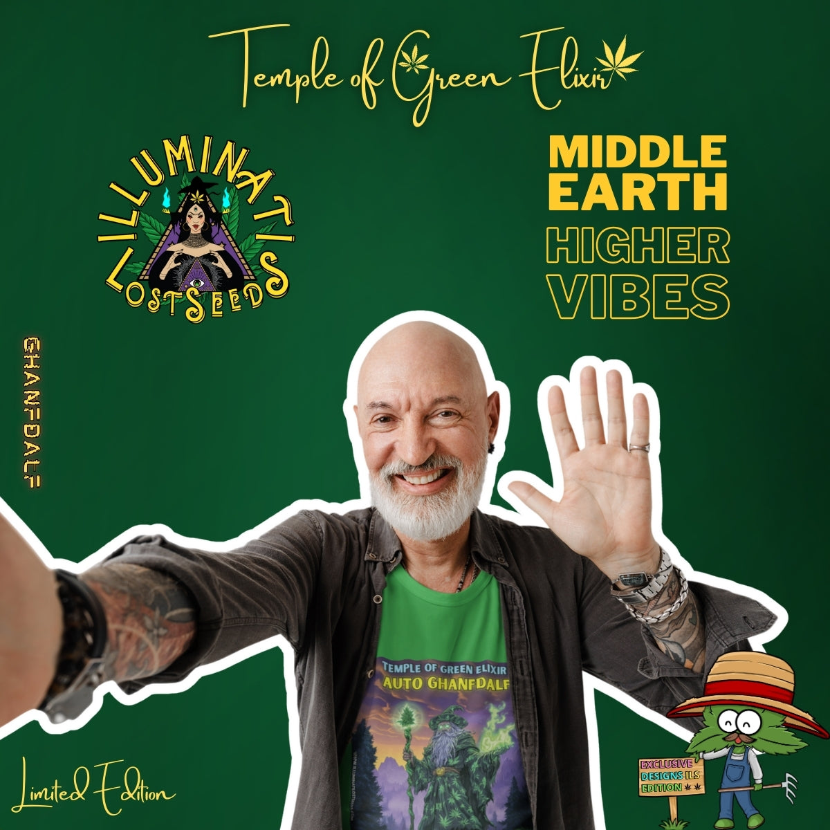 Ein lächelnder Mann trägt das grüne  Ghandalf T-Shirt aus der Temple of Green Elixir x Illuminati Lost Seeds Limited Edition. Das Design verbindet Fantasy-Ästhetik mit mystischem Spirit – inspiriert von Mittelerde und den „Higher Vibes“ des modernen Lebens.