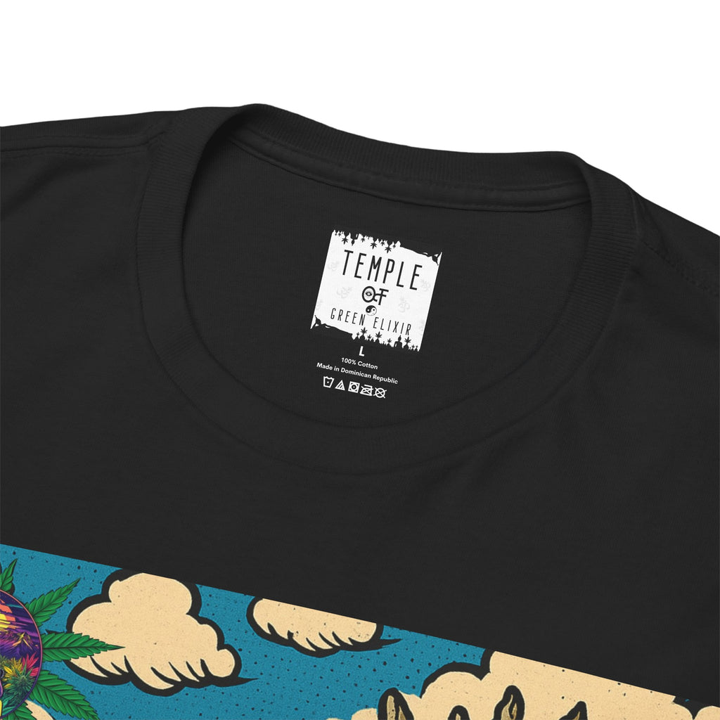 Hamburger T-shrit Qualitäts- und Markenlabel des Temple of Green Elixir.
Temple of green Elixir Drucklabel in der innerseite vom T-shirt