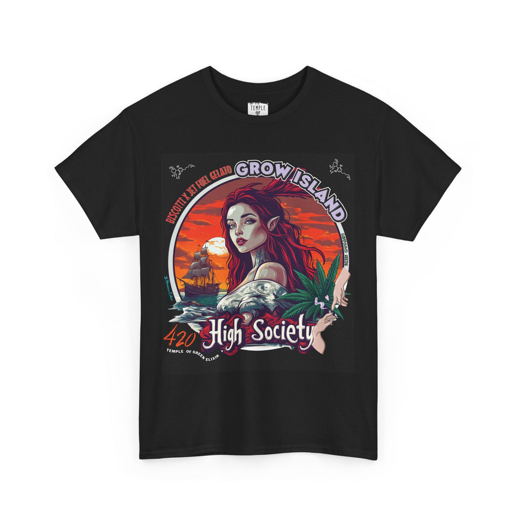 High Society T-shirt schwarz. Design: Am Horizont, in den Rot- und Orangetönen des Sonnenuntergangs, nähert sich ein altes Segelschiff, während am Ufer eine Meeres-Sirene mit langem, feuerrotem Haar und spitzen Ohren steht – in ihrem Blick liegen alle Geheimnisse des Meeres. Neben ihrem Arm symbolisieren Cannabisblätter und feiner Rauch die Genüsse des Lebens und das Gefühl, zu den oberen Kreisen zu gehören. 