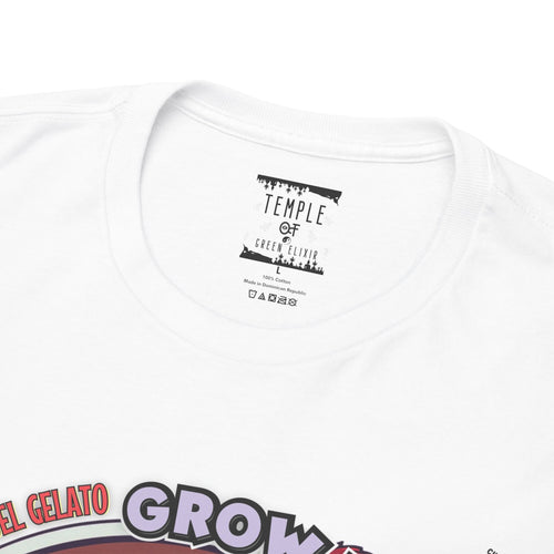 Temple of green Elixir Drucklabel in der innerseite von weissem High Society T-shirt
