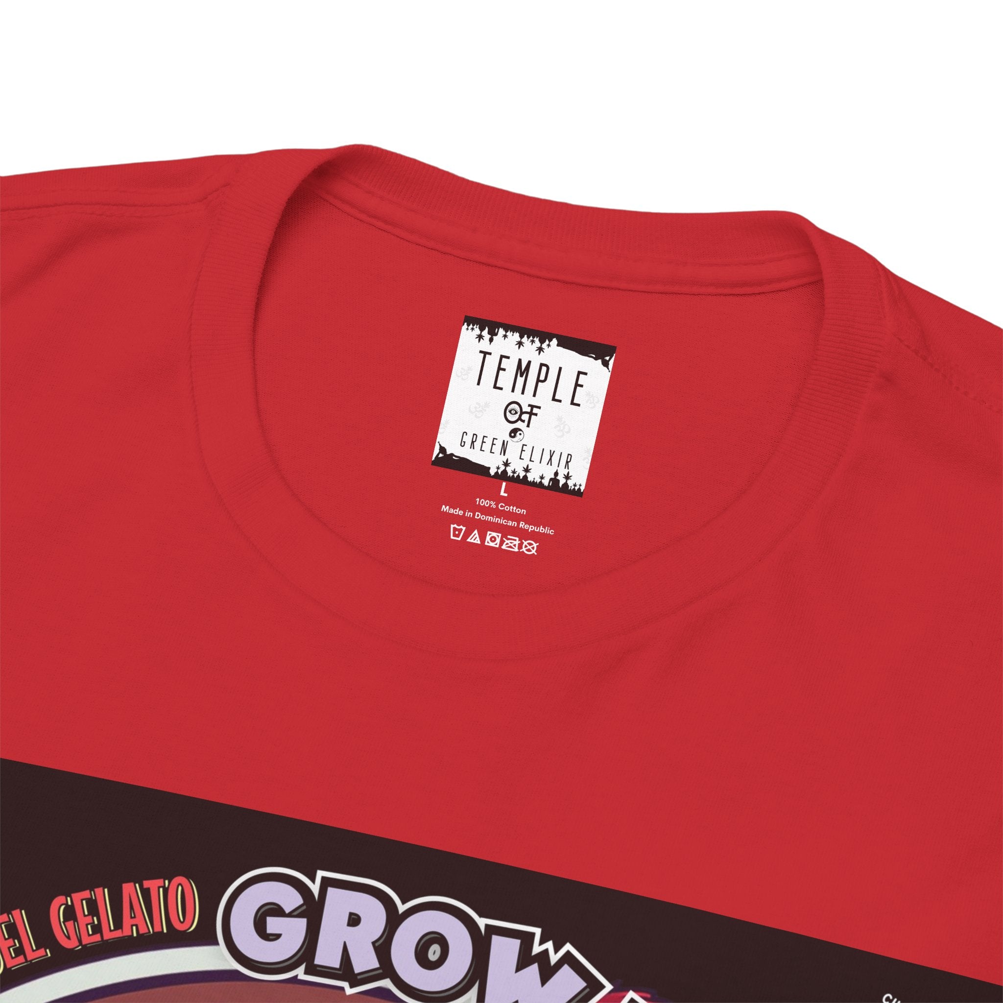 Temple of green Elixir Drucklabel in der innerseite von rotem High Society T-shirt
