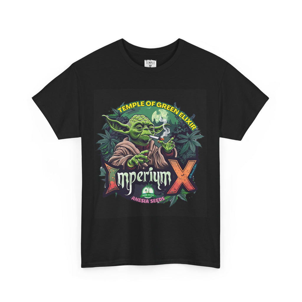 Imperium X T-shirt schwarz, grüne Yoda-ähnliche Figur raucht, umgeben von Cannabispflanzen und Vollmond, Anesia Seeds.