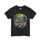 Imperium X T-shirt schwarz, grüne Yoda-ähnliche Figur raucht, umgeben von Cannabispflanzen und Vollmond, Anesia Seeds.