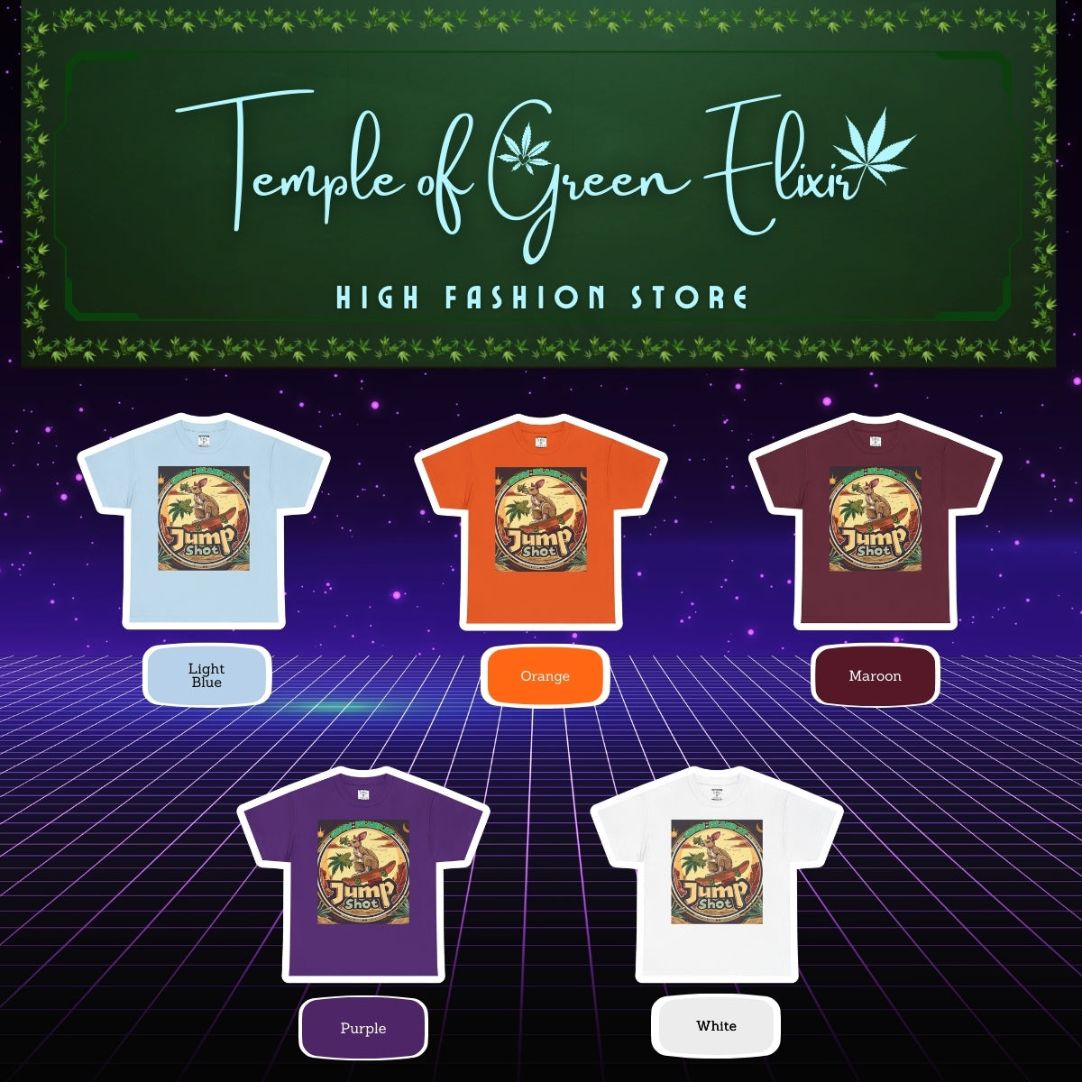 Jump shot T-shirt Color chart:
Hell Blau, Orange, Bordou, Lila, weiss
