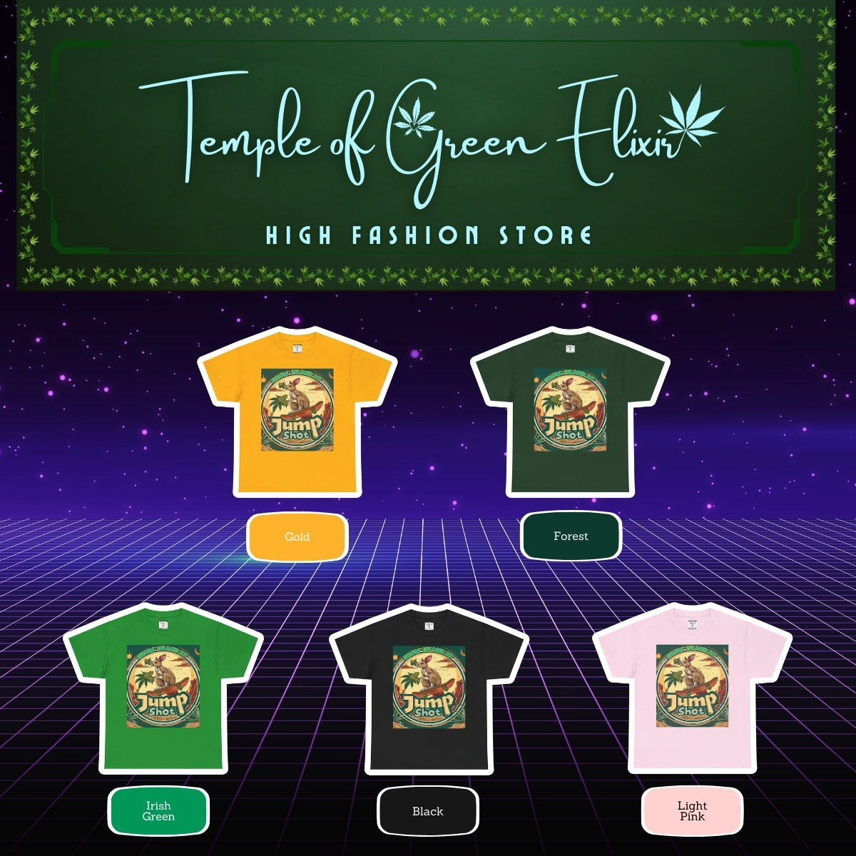 Jump shot Vintage T-shirt Color chart:
gelb, dunkel grün, irish grün, schwarz, rosa