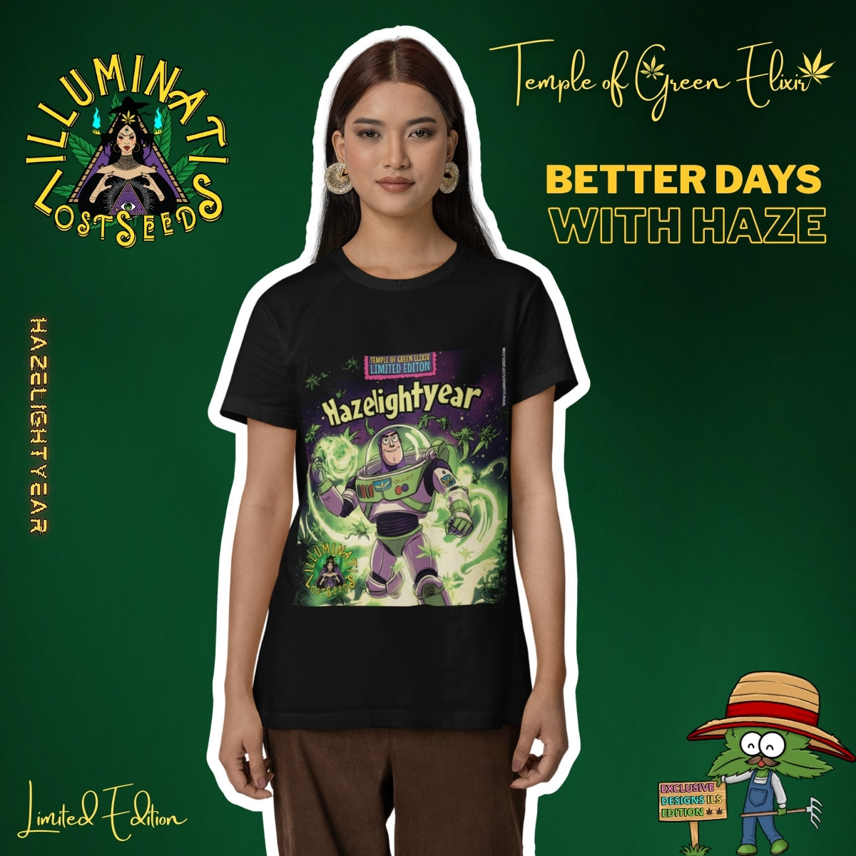 Ein starker Look für bessere Tage. Das Model verkörpert die moderne Frau, die verspielte Popkultur-Referenzen wie das "Hazelightyear"-Motiv mühelos in ihren eleganten, alltäglichen Stil integriert. Hazelightyear - Illuminati Lost Seeds T-shirt﻿ von Temple of Green Elixir eine Inspiration für alle, die Mode als Ausdruck ihrer Persönlichkeit sehen.﻿