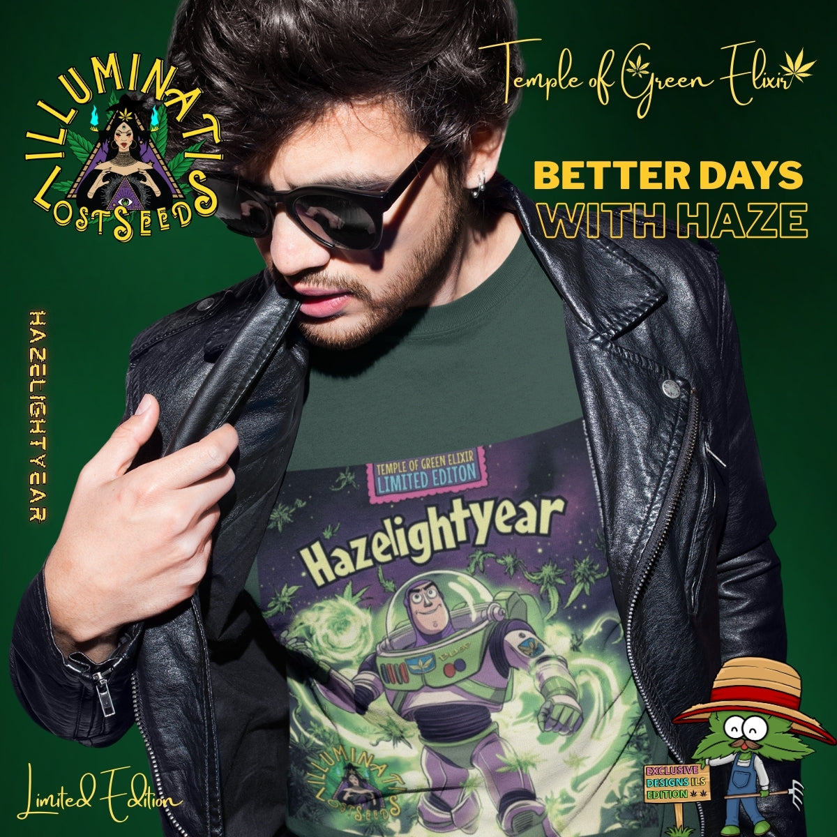 Ein junger, cooler Mann mit Sonnenbrille und leicht geöffneter Lederjacke posiert vor einem dunkelgrünen Hintergrund. Er trägt ein dunkles Hazelightyear -Illuminati Lost Seeds T-shirt﻿ von Temple of Green Elixir. Sein selbstbewusster und gleichzeitig entspannter Ausdruck spiegelt perfekt den Geist der "Better Days with Haze"-Kampagne von "Temple of Green Elixir" und "Illuminati Lost Seeds" wider.﻿