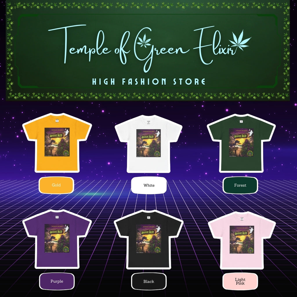 Sechs verschiedene Jurassic Haze T-Shirts aus der Temple of Green Elixir High Fashion Store Kollektion. Erhältlich in Gold, Weiß, Forest, Purple, Schwarz und Light Pink – jedes mit dem ikonischen Dinosaurier-Design der Illuminati Lost Seeds. Ein Mix aus Retro, Street und botanischer Kunst.