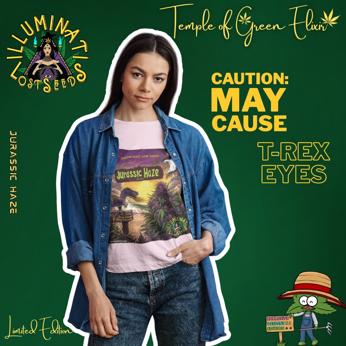 Eine Frau trägt ein rosa Jurassic Haze T-Shirt unter einer offenen Jeansjacke. Das leuchtende Dino-Motiv aus der Illuminati Lost Seeds x Temple of Green Elixir Kollektion steht für Power, Kreativität und Abenteuerlust.