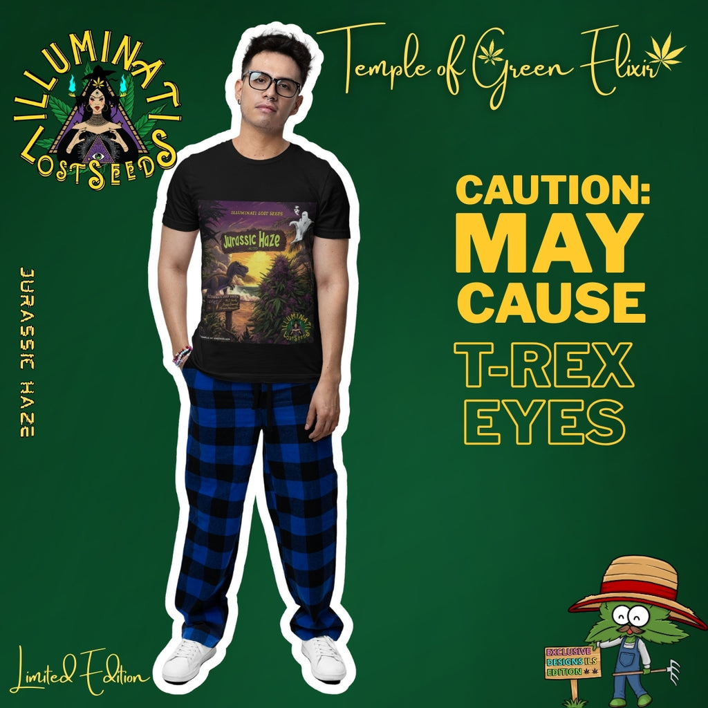 Mann im schwarzen Jurassic Haze Shirt kombiniert mit karierten Freizeitpants. Das detailreiche Artwork zeigt einen T-Rex im Sonnenuntergang – ein markanter Look für Individualisten mit Humor und Stil. Aus der Kollektion von von Temple of Green Elixir