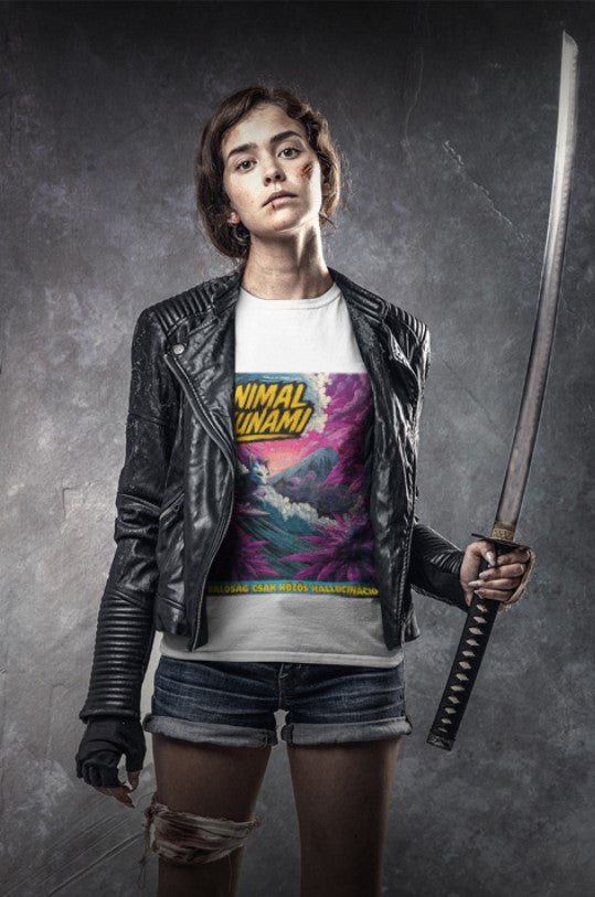 Eine Frau in post-apokalyptischer Kleidung, bestehend aus einer schwarzen Lederjacke und Jeansshorts, hält ein Katana-Schwert. Sie trägt ein weißes T-Shirt von Temple of Green Elixir mit dem bunten Animal Tsunami Aufdruck. Das Design zeigt einen Surfer mit einer japanischen Fuchsmaske, der auf einer großen Welle aus lila Cannabis-Pflanzen reitet.