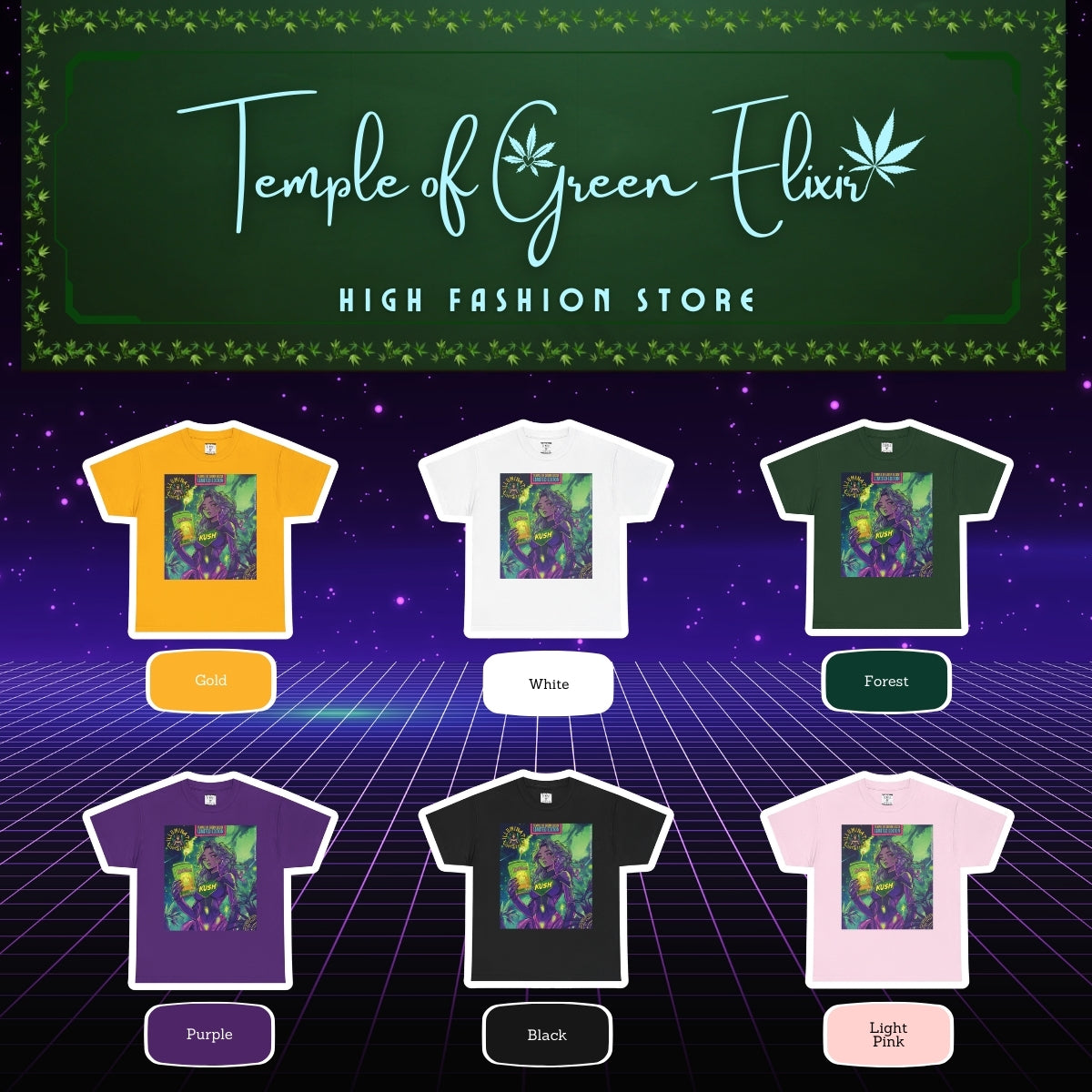 KushBlast Kush T-shirt Color chart:
Gelb, Weiß, Waldgrün, Lila, Schwarz, Hellrosa