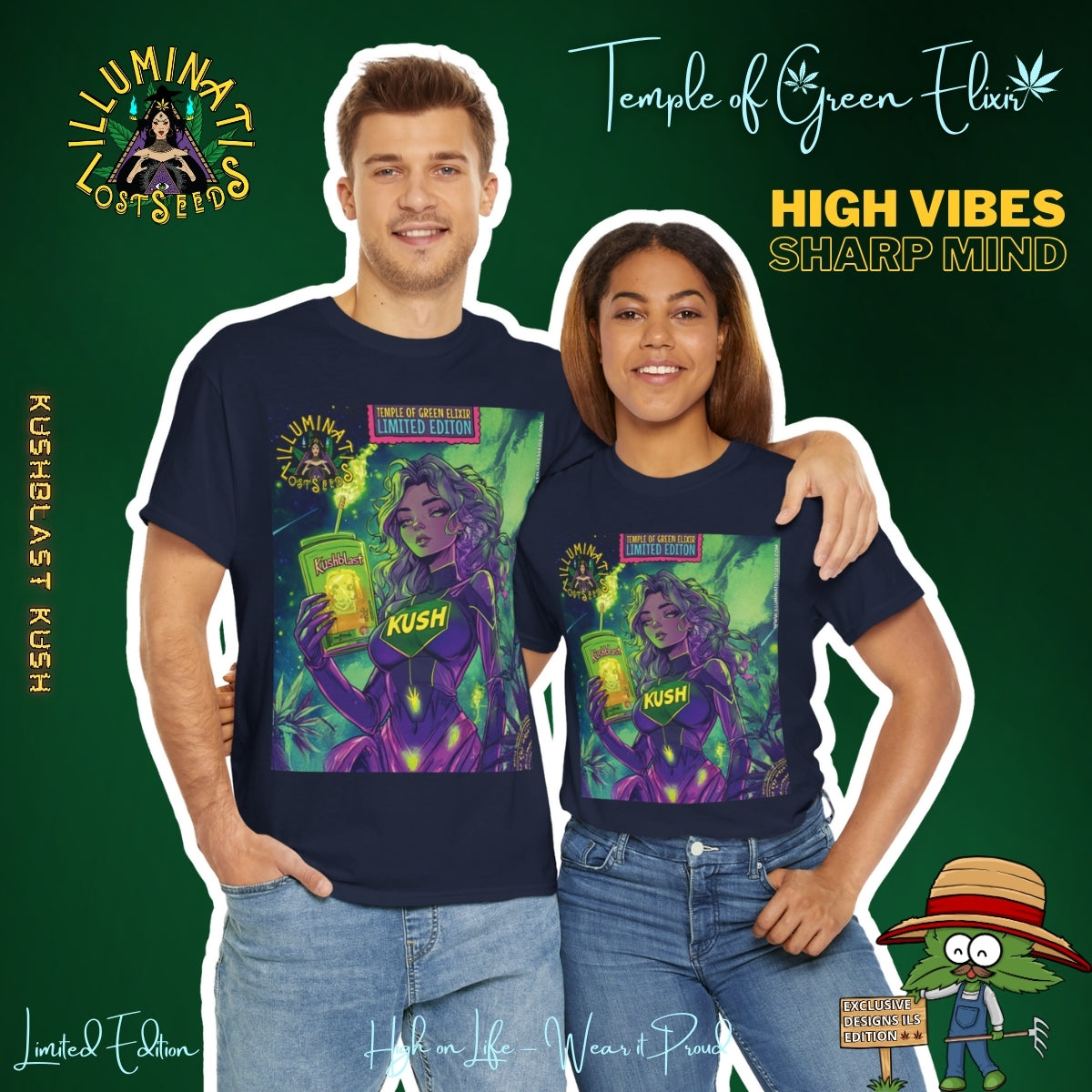 Junges Paar umarmt sich, der Mann steht links, die Frau rechts, beide tragen dunkelblaue KushBlast Kush T-Shirt. Auf dem T-shirt Frau in lila Superheldenkostüm mit gelbem ‚KUSH‘-Schriftzug hält einen grünen Becher mit der Aufschrift ‚KushBlast‘ vor grünem, psychedelischem Hintergrund. Oben erscheint ‚Illuminati Lost Seeds‘ und ‚Temple of Green Elixir Limited Edition‘. Im Hintergrund Illuminati Lost Seeds und Temple Green elixir logu und ein Schrift: High vibes, sharp mind.