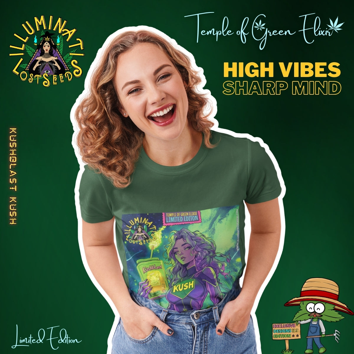 Junge braune Frau hält lächelt und trägt ein grünes KushBlast Kush T-Shirt. Auf dem T-shirt Frau in lila Superheldenkostüm mit gelbem ‚KUSH‘-Schriftzug hält einen grünen Becher mit der Aufschrift ‚KushBlast‘ vor grünem, psychedelischem Hintergrund. Oben erscheint ‚Illuminati Lost Seeds‘ und ‚Temple of Green Elixir Limited Edition‘. Im Hintergrund Illuminati Lost Seeds und Temple Green elixir logu und ein Schrift: High vibes, sharp mind.