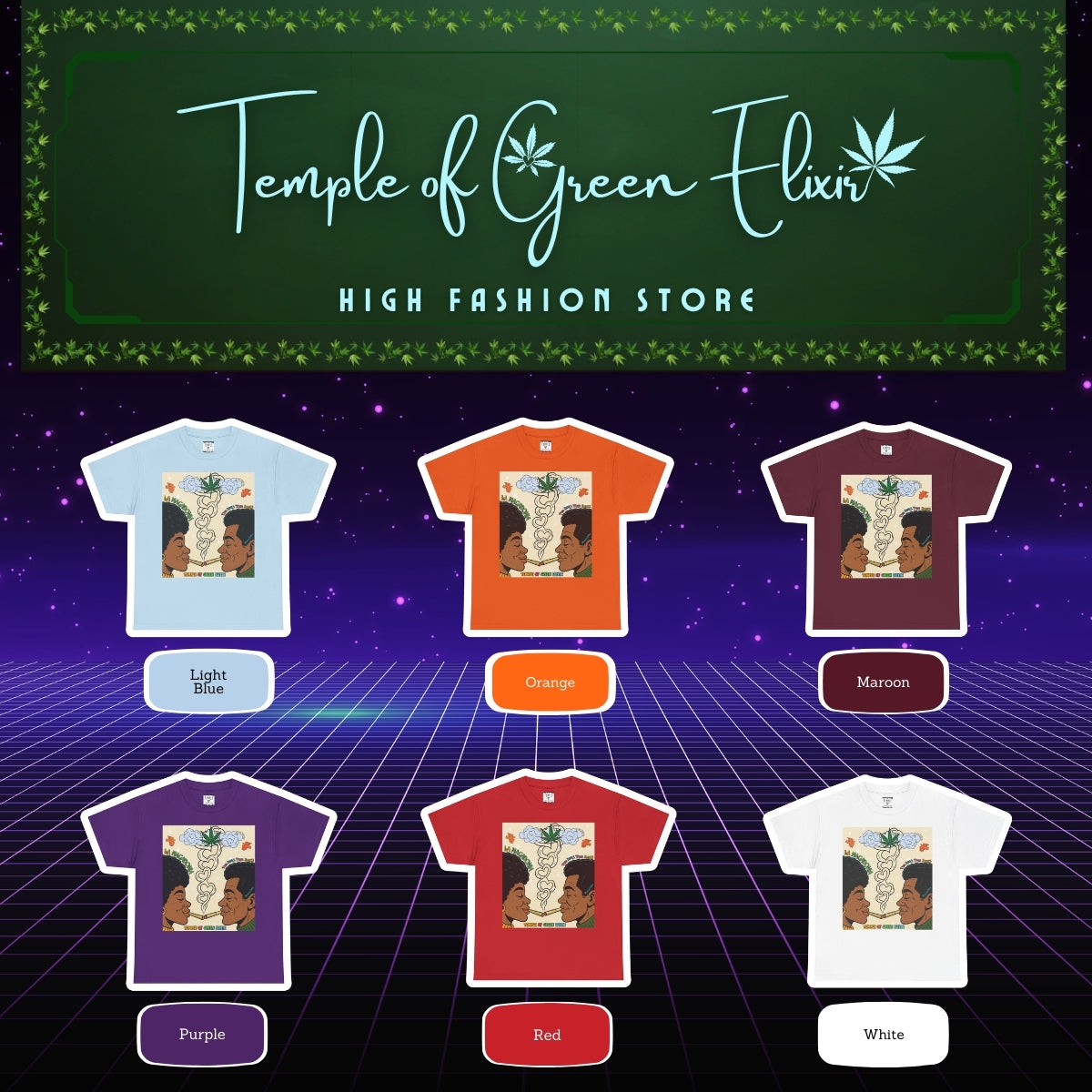 La Macdonia T-shirt Color chart:
Hellblau, Orange, Kastanienbraun, Lila, Rot, Weiß
