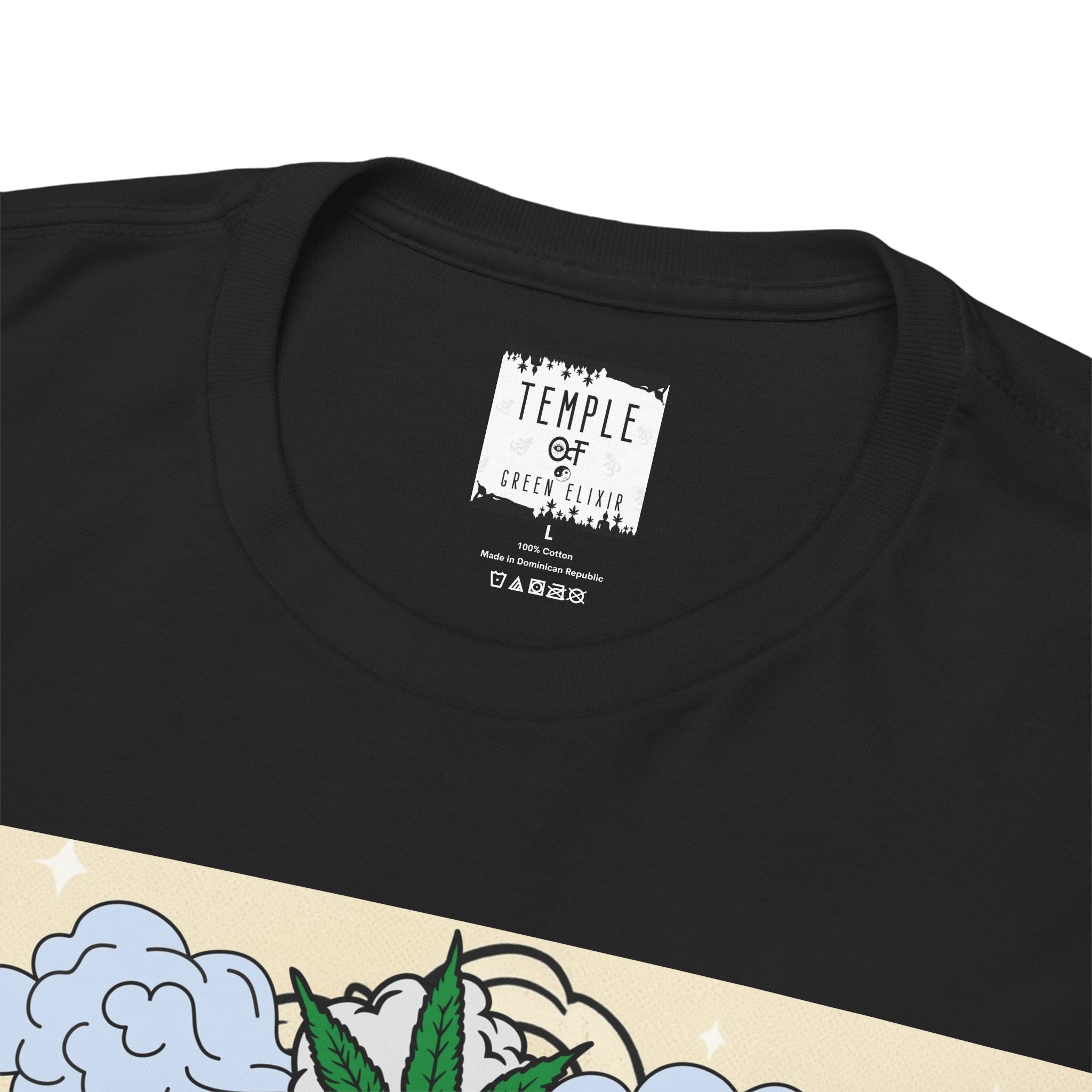 Temple of green Elixir Drucklabel in der innerseite vom La Macdonia T-shirt