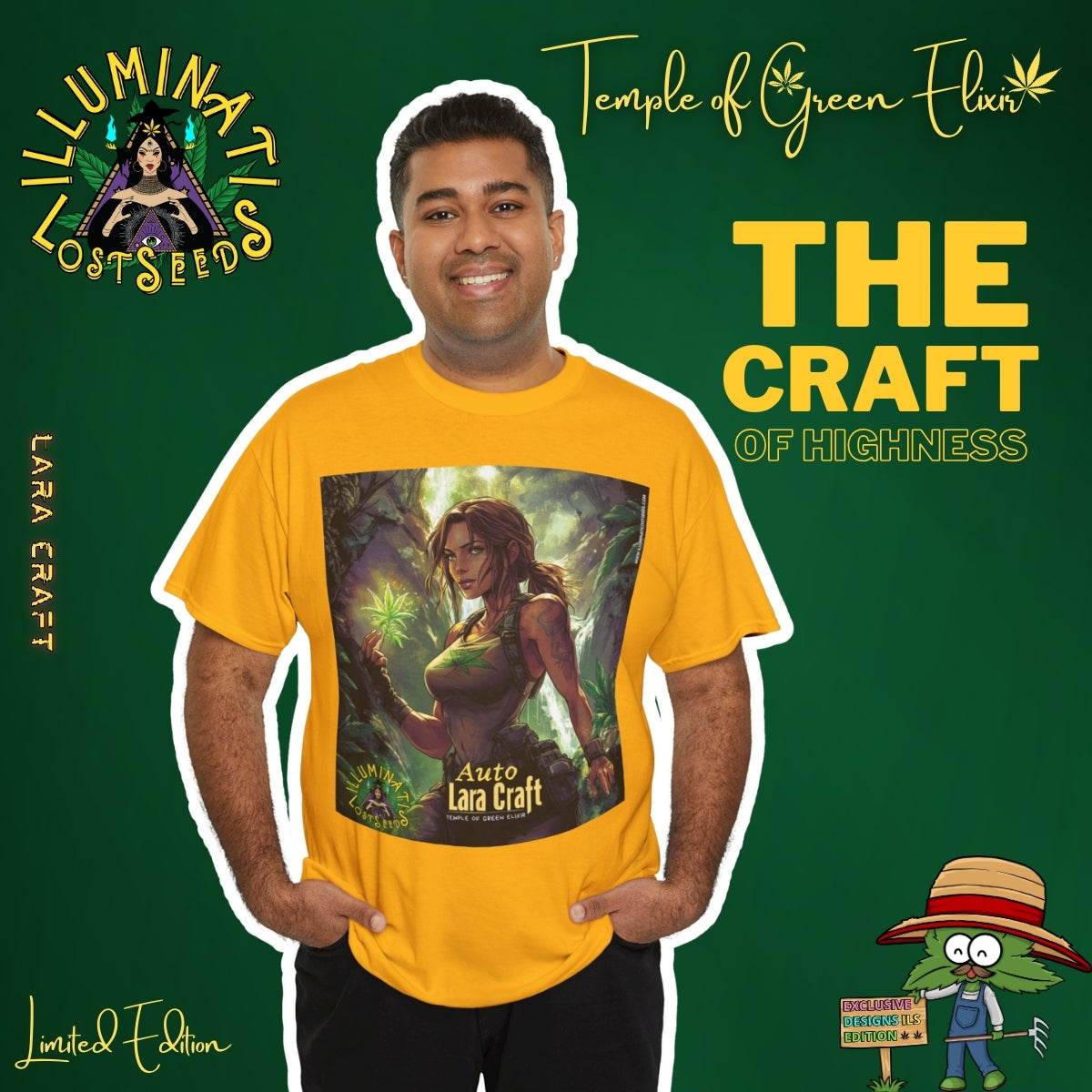 Ein Mann trägt das goldgelbe Lara Craft T-Shirt aus der Temple of Green Elixir x Illuminati Lost Seeds Kollektion. Das auffällige Design zeigt eine starke Abenteurerin im Dschungel mit leuchtenden Grüntönen, die Entschlossenheit, Naturverbundenheit und Stil verkörpern.