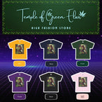 Sechs Lara Craft T-Shirts aus der Temple of Green Elixir High Fashion Store Kollektion in den Farben Gold, Navy, Forest, Purple, Black und Light Pink. Jedes Shirt zeigt das ikonische Dschungelmotiv der Abenteurerin – ein Mix aus Stärke, Natur und Stilbewusstsein.