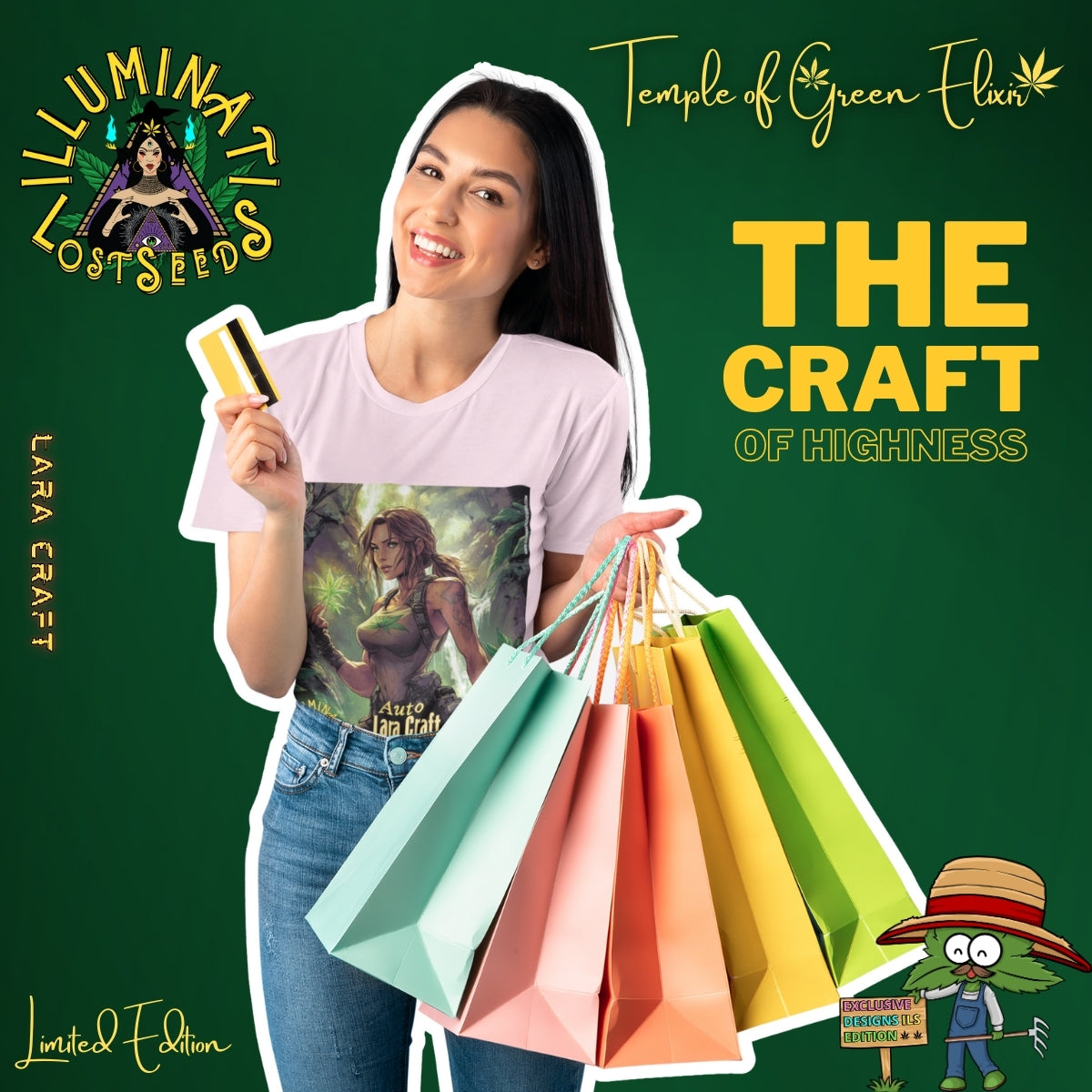 Eine Frau trägt das zartrosa Lara Craft T-Shirt aus der Temple of Green Elixir x Illuminati Lost Seeds Kollektion. In der Hand bunte Einkaufstaschen und eine Kreditkarte – das Design verbindet Abenteuergeist mit moderner Eleganz und einem Hauch von Highness.