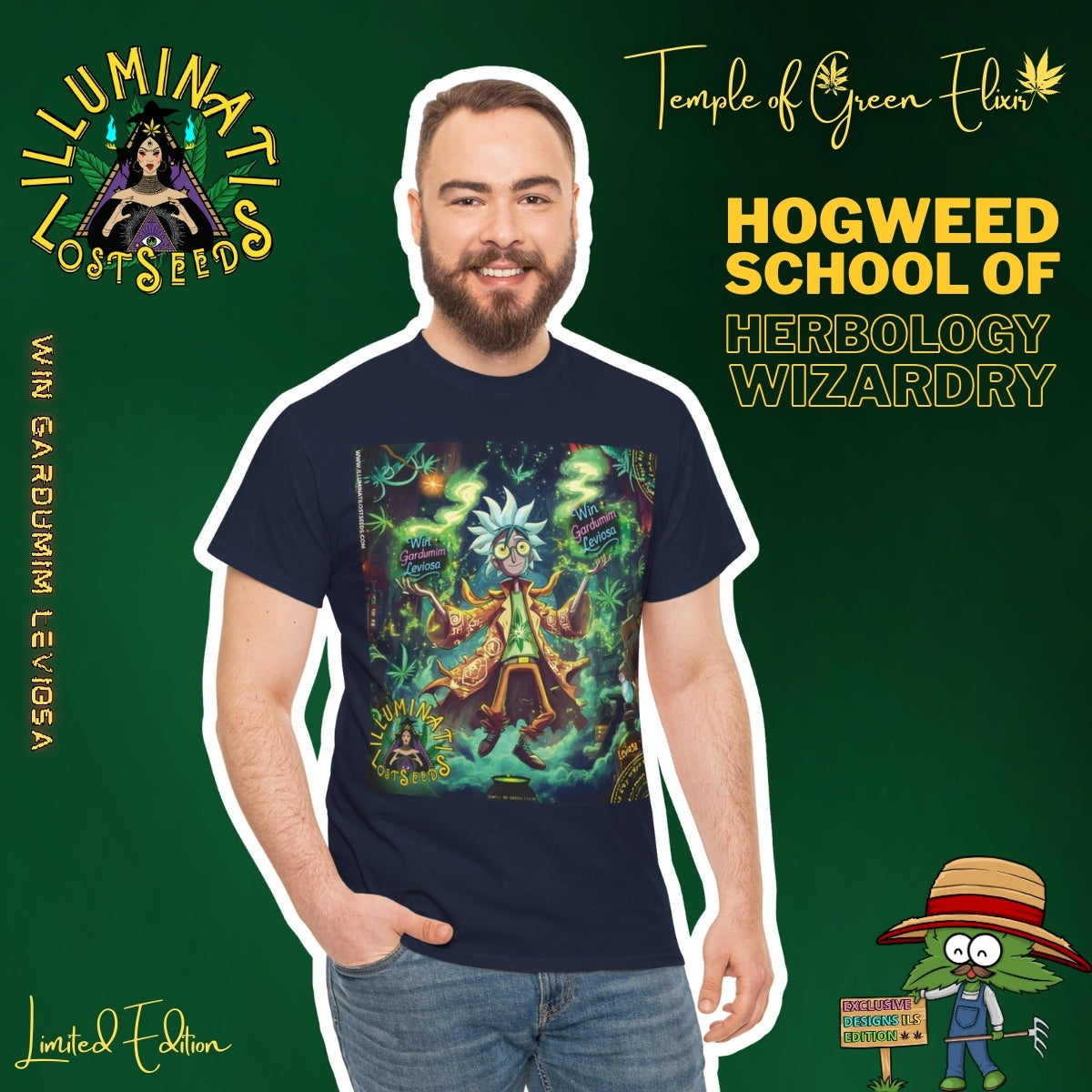  Ein junger, bärtiger Mann repräsentiert den modernen Schüler der "Hogweed School of Herbology Wizardry". Mit einem freundlichen Lächeln trägt er das dunkelblaue "Wingardium Leviosa" T-Shirt, eine humorvolle Hommage an die Magie der Kräuter. Die Werbegrafik für "Temple of Green Elixir" und "Illuminati Lost Seeds" lädt dich ein, Teil einer exklusiven, limitierten Edition zu werden.﻿