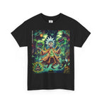 Ein schwarzes Baumwoll Wingardium Leviosa T-Shirt mit einem großen, farbenfrohen Aufdruck. Das Design ist eine Parodie auf eine bekannte Zeichentrickfigur, die hier als Zauberer mit einem Joint als Zauberstab dargestellt wird. Er wirkt den Schwebezauber "Wingardium Leviosa" in einer psychedelischen Welt aus Cannabis-Pflanzen und magischen Symbolen. Das Shirt ist eine Kollaboration von "Illuminati Lost Seeds" und "Temple of Green Elixir".﻿