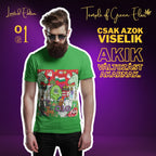 Model mit Bart und Sonnenbrille posiert in einem grünen T-Shirt mit dem detailreichen ungarischen Weltfrieden Design. Die Werbegrafik hat einen lila Hintergrund und bewirbt eine limitierte Auflage für Männer.﻿