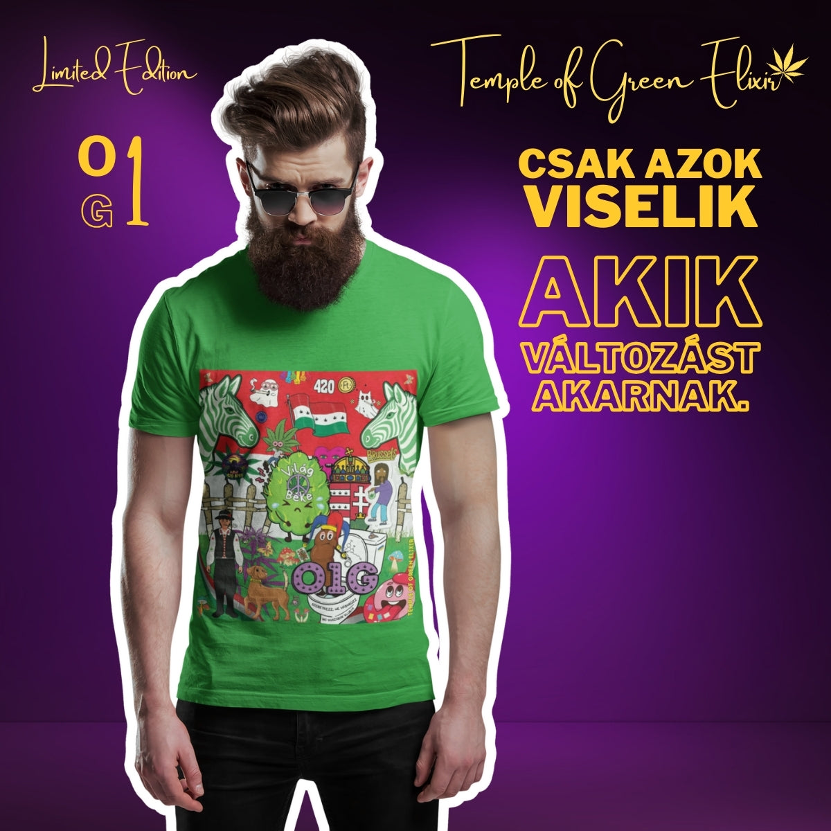 Model mit Bart und Sonnenbrille posiert in einem grünen T-Shirt mit dem detailreichen ungarischen Weltfrieden Design. Die Werbegrafik hat einen lila Hintergrund und bewirbt eine limitierte Auflage für Männer.﻿