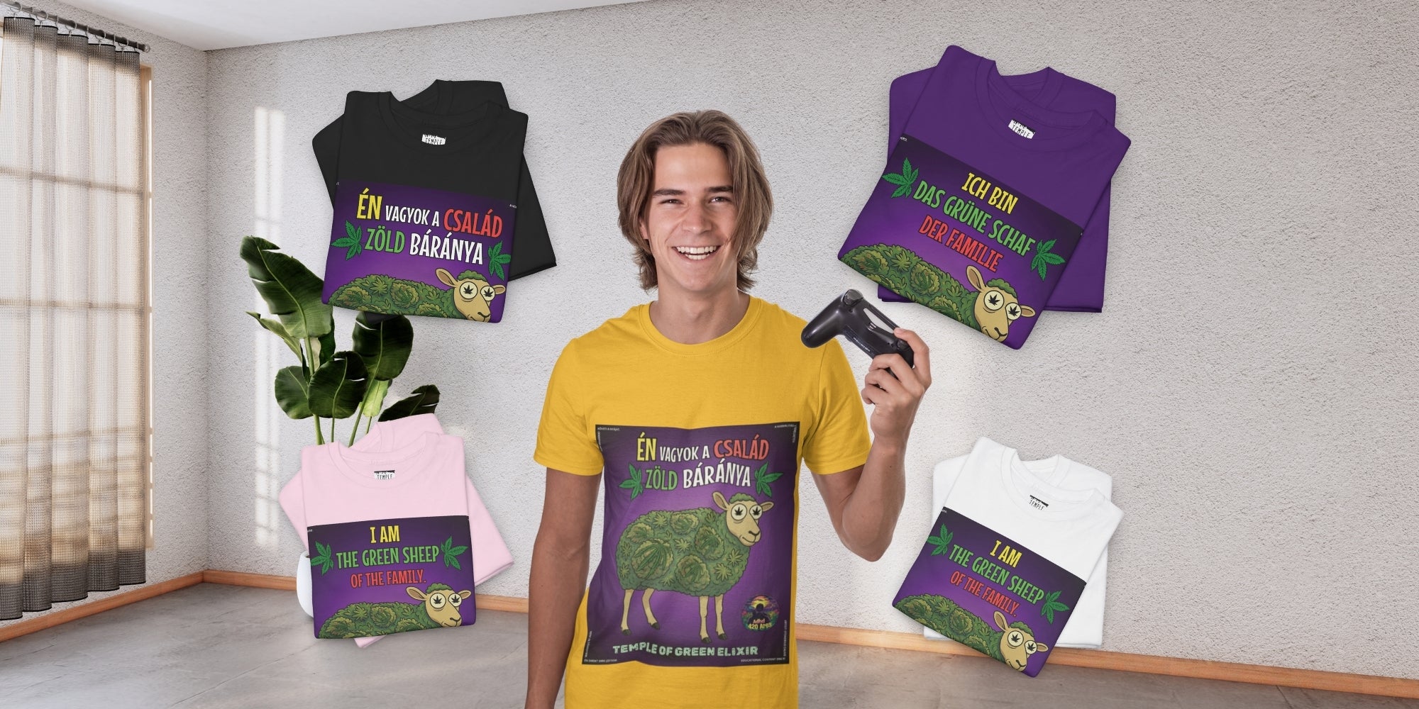 Ein junger Gamer präsentiert stolz das "Grüne Schaf" T-Shirt in Gelb, umgeben von weiteren Farb- und Sprachoptionen. Ob auf Ungarisch ("Én vagyok a család zöld báránya"), Deutsch ("Ich bin das grüne Schaf der Familie") oder Englisch ("I am the green sheep of the family") – dieses Design von Temple of Green Elixir ist für alle, die sich als liebenswerte Außenseiter ihrer Familie sehen. Wähle deine Farbe und Sprache und zeige, dass du anders bist – und stolz darauf.