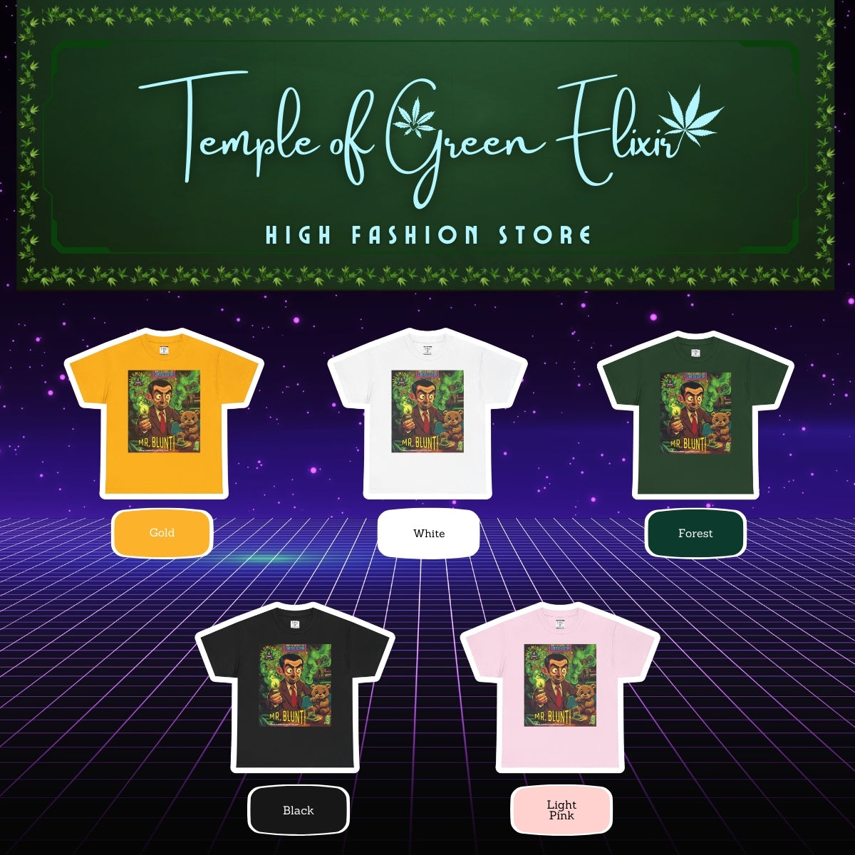 Mr. Blunti T-shirt Color chart:
Gelb, Weiß, Waldgrün, Schwarz, Hellrosa