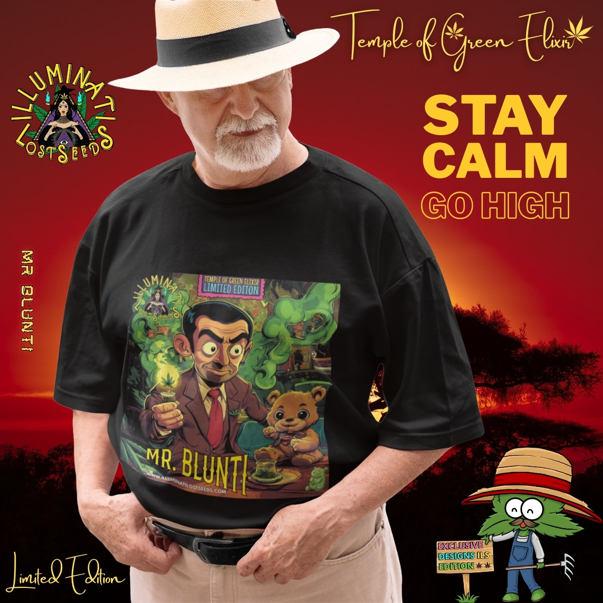 Älterer Mann mit Strohhut trägt ein schwarzes T-Shirt mit Mr. Blunti-Motiv, vor rotem Sonnenuntergang, umgeben von Schriftzügen wie ‚Illuminati Lost Seeds‘, ‚Temple of Green Elixir‘ und dem Slogan ‚Stay Calm Go High‘. Auf dem Tshirt steht ein Mann im Anzug hält einen brennenden Joint und sitzt neben einem lächelnden Teddybär in rauchgeschwängerter, grüner Umgebung. Oben steht ‚Temple of Green Elixir Limited Edition‘, unten der Schriftzug ‚MR. BLUNTI‘ und das Illuminati Lost Seeds Logo.