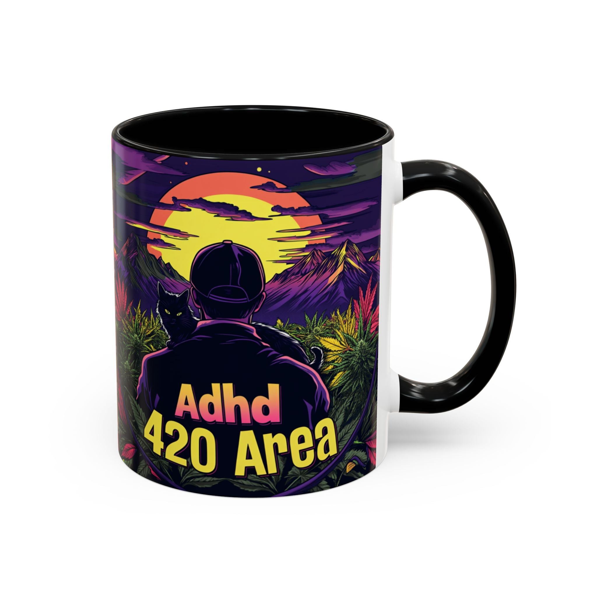 Eine zweifarbige ADHD 420 Area logo Keramiktasse, Temple of Green Elixir mit schwarzem Henkel und Innenraum, die einen starken Kontrast zum weißen Tassenkörper bildet. Der umlaufende Druck zeigt eine lebendige, retrofuturistische Szene: Eine Person mit Cap und einer schwarzen Katze auf der Schulter blickt auf eine surreale Berglandschaft voller Cannabis-Pflanzen bei Sonnenuntergang. Der Schriftzug "Adhd 420 Area" leuchtet im Vordergrund