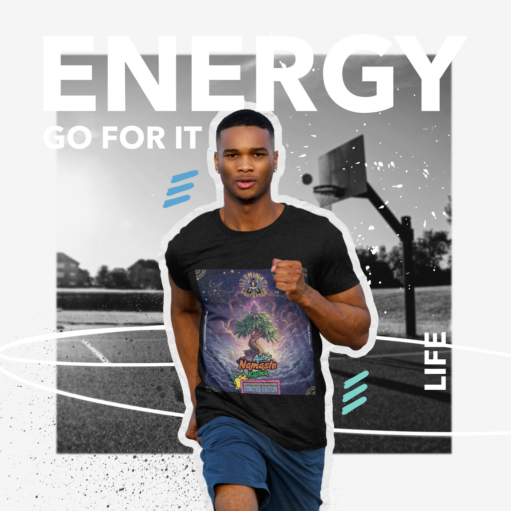 Ein sportlicher Mann trägt das schwarze Namaste Karma T-Shirt aus der Temple of Green Elixir Limited Edition. Das Design mit dem leuchtenden spirituellen Baum steht für Energie, Balance und Lebensfreude. Perfekt für alle, die Bewegung, Achtsamkeit und Stil in Einklang bringen möchten.