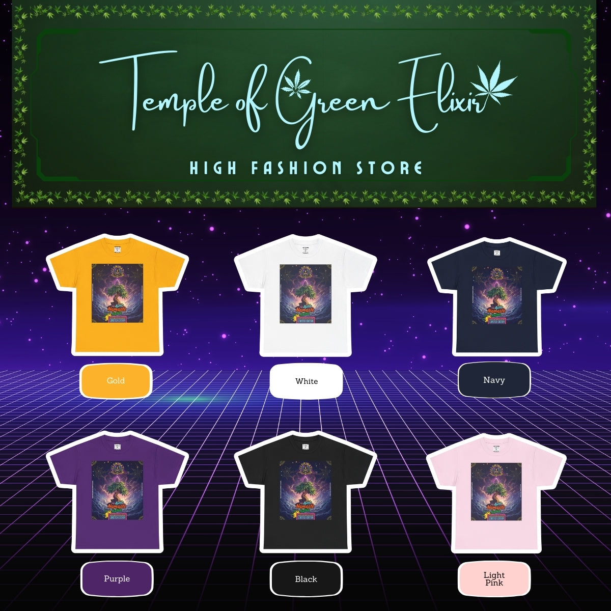 Sechs Namaste Karma T-Shirts aus der Temple of Green Elixir – High Fashion Store Kollektion in verschiedenen Farben: Gold, Weiß, Navy, Lila, Schwarz und Rosa. Das Design zeigt einen mystischen Baum, der spirituelles Wachstum und Gleichgewicht symbolisiert. Jedes Shirt steht für Achtsamkeit, Bewusstsein und positive Energie – Limited Edition für echte Karma-Lovers.