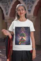 Eine Frau trägt das weiße Namaste Karma T-Shirt aus der Illuminati Lost Seeds x Temple of Green Elixir Kollektion. Das Design zeigt einen leuchtenden spirituellen Baum, der Energie, Gleichgewicht und inneren Frieden symbolisiert. Ein Shirt, das Spiritualität, Naturverbundenheit und zeitlose Eleganz vereint.