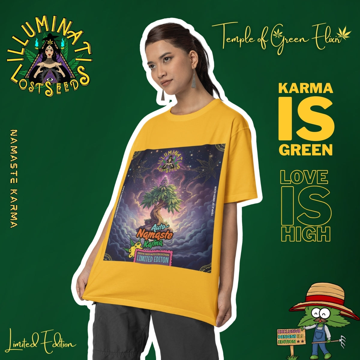 Eine Frau trägt ein senfgelbes Namaste Karma T-Shirt aus der Illuminati Lost Seeds x Temple of Green Elixir Kollektion. Das leuchtende Design zeigt einen meditierenden Baum in kosmischer Energie – Symbol für Gleichgewicht, Liebe und Bewusstsein. Ein Limited Edition Shirt, das Spiritualität mit modernem Streetstyle verbindet.