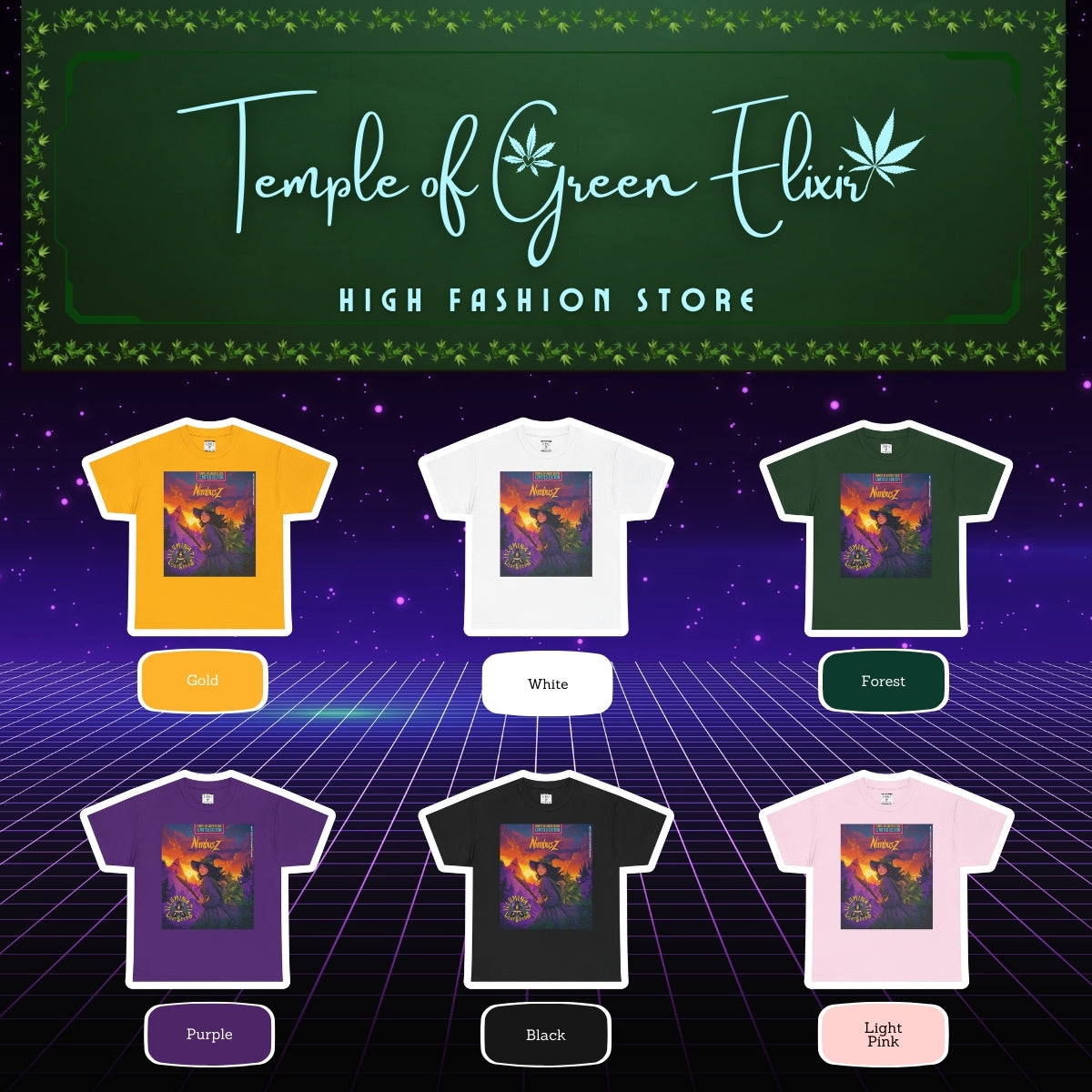 NimbusZ T-shirt Color chart:
Gelb, Weiß, Waldgrün, Lila, Schwarz, Hellrosa