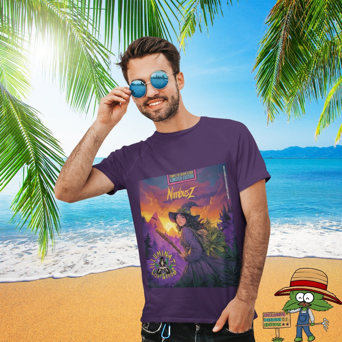 Mann mit Bart trägt blaue, runde Sonnenbrille, steht lachend am Strand in einem NimbusZ lila T-Shirt. Auf dem T-shirt Hexe im violetten Zauberergewand mit Hut steht mit einem Stab in der Hand in einer Landschaft bei Sonnenuntergang, zwischen grünen Cannabis-Pflanzen. Oben der Schriftzug ‚NimbusZ‘ und ‚Temple of Green Elixir Limited Edition‘, unten das Logo ‚Illuminati Lost Seeds‘.