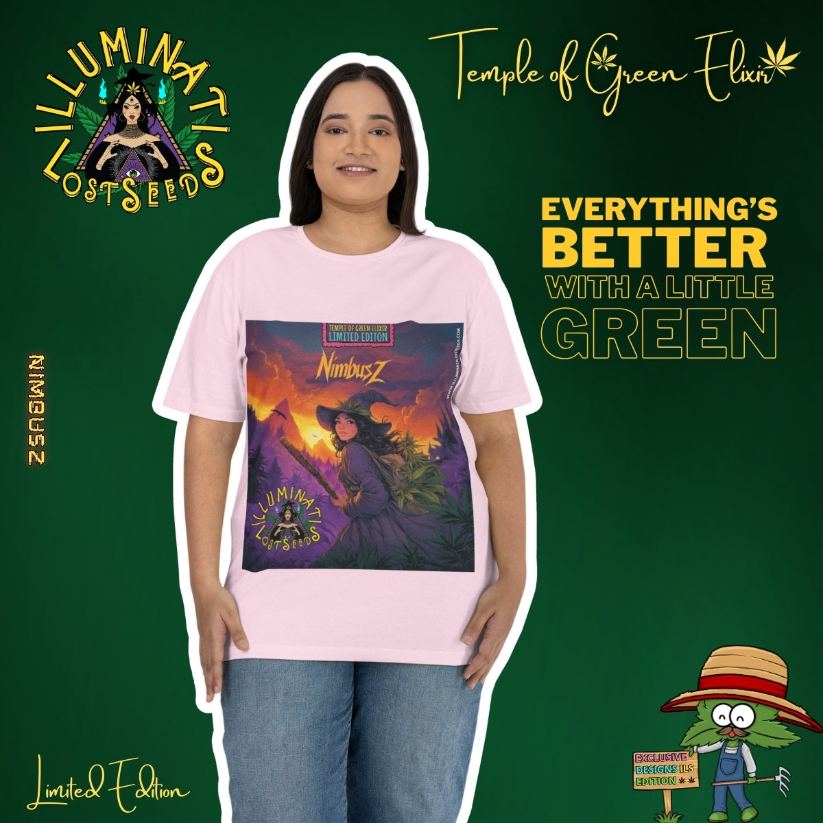 Dame steht in hellrosa T-Shirt mit NimbusZ-Motiv vor grünem Hintergrund, umgeben von Schriftzügen wie ‚Illuminati Lost Seeds‘ und ‚Temple of Green Elixir‘ sowie dem Slogan ‚Everything’s better with a little green‘ und Limited Edition Logos. Auf dem T-shirt Hexe im violetten Zauberergewand mit Hut steht mit einem Stab in der Hand in einer Landschaft bei Sonnenuntergang, zwischen grünen Cannabis-Pflanzen. Oben der Schriftzug ‚NimbusZ‘ und ‚Temple of Green Elixir Limited Edition‘